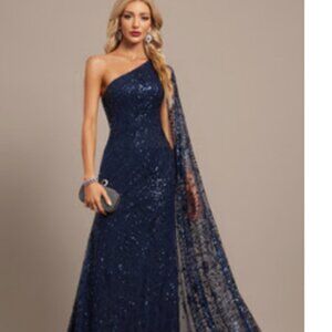 Beautiful Navy Sequins Gown with Elegant Cascading Drape